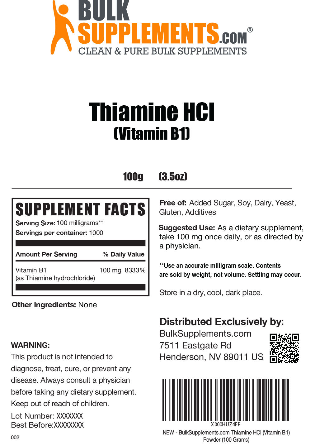Thiamine HCl Label 100g