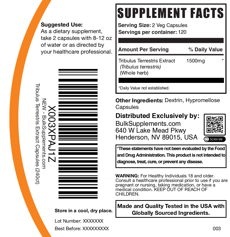 Tribulus terrestris 240 capsules label