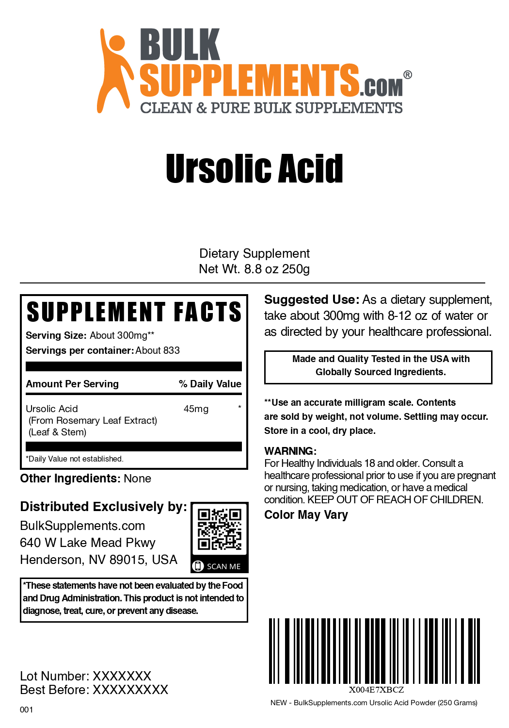 Ursolic Acid Powder 250g Plain Label