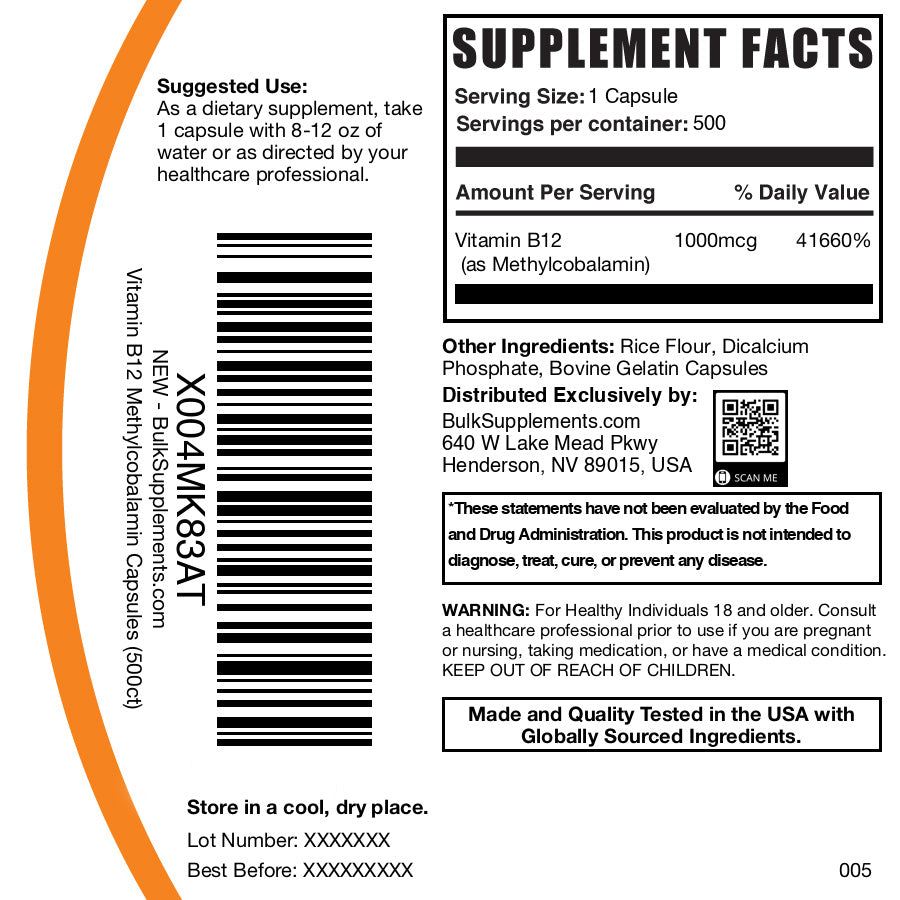 Vitamin B12 1000mcg (1% Methylcobalamin) 500 capsules label