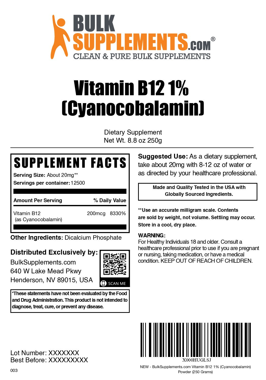 Vitamin B12 1% (Cyanocobalamin) Powder 250g label