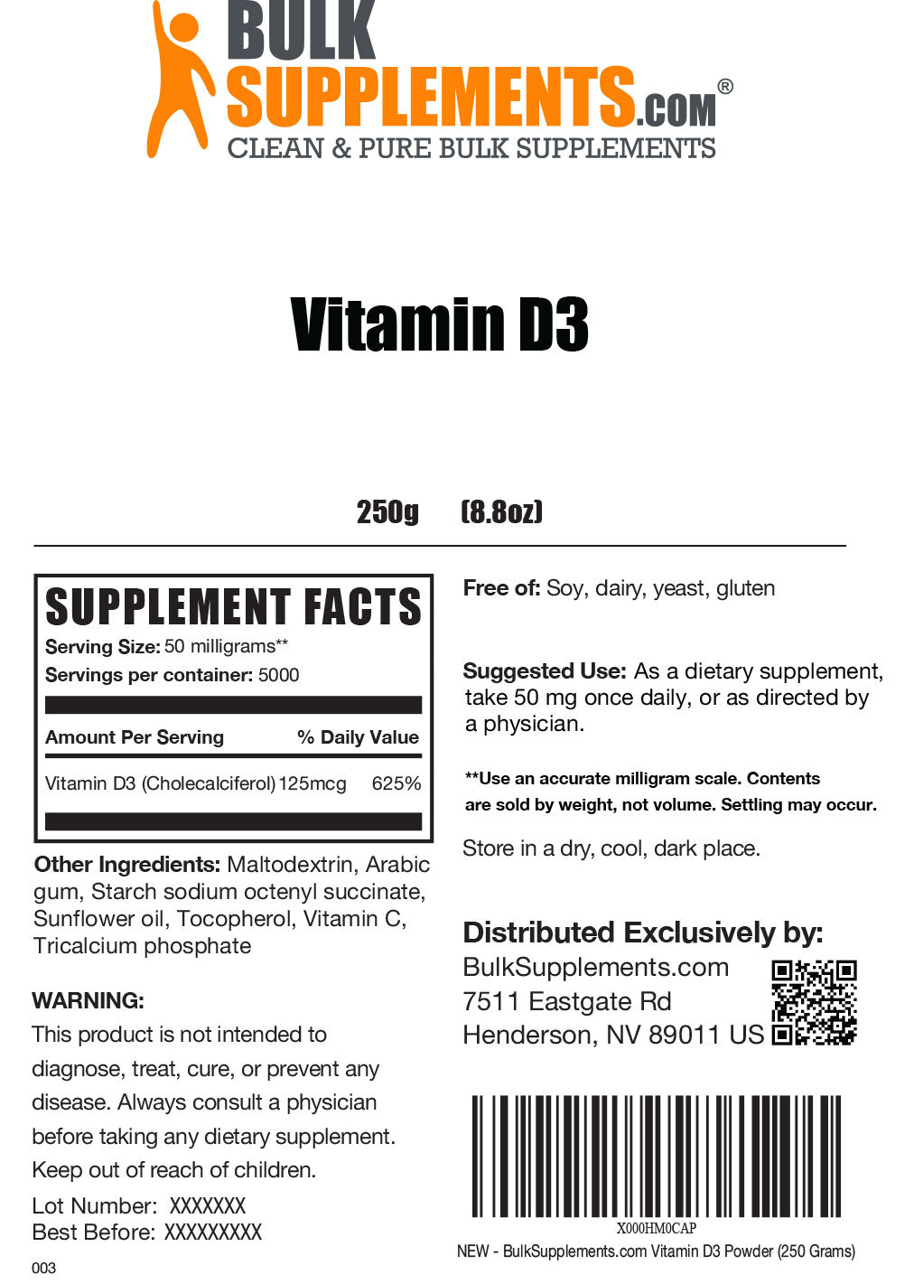 Vitamin D3 powder label 250g
