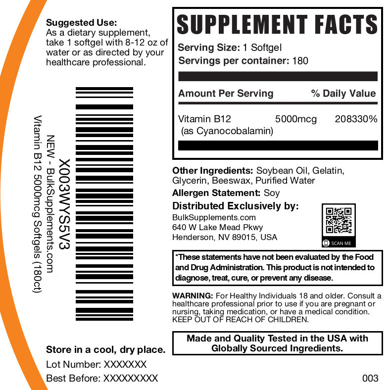 Vitamin B12 5000mcg 180 softgels label