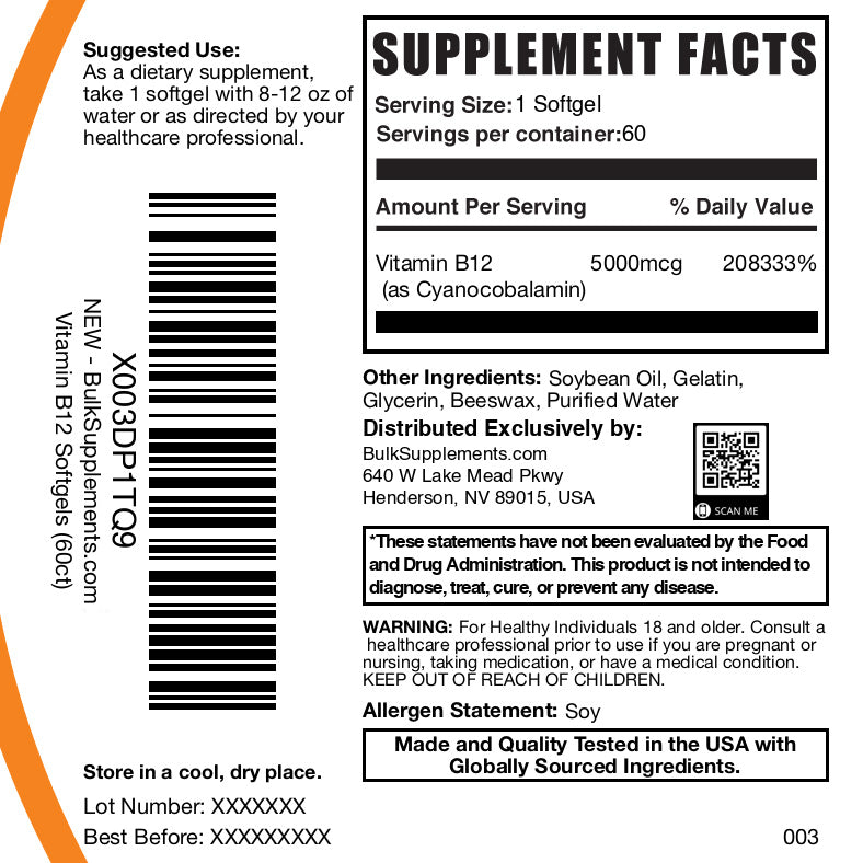 Vitamin B12 5000mcg 60 softgels label