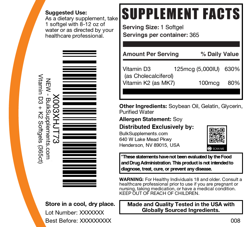 Vitamin D3 + K2 Softgels - 10000 IU - 365 ct Label