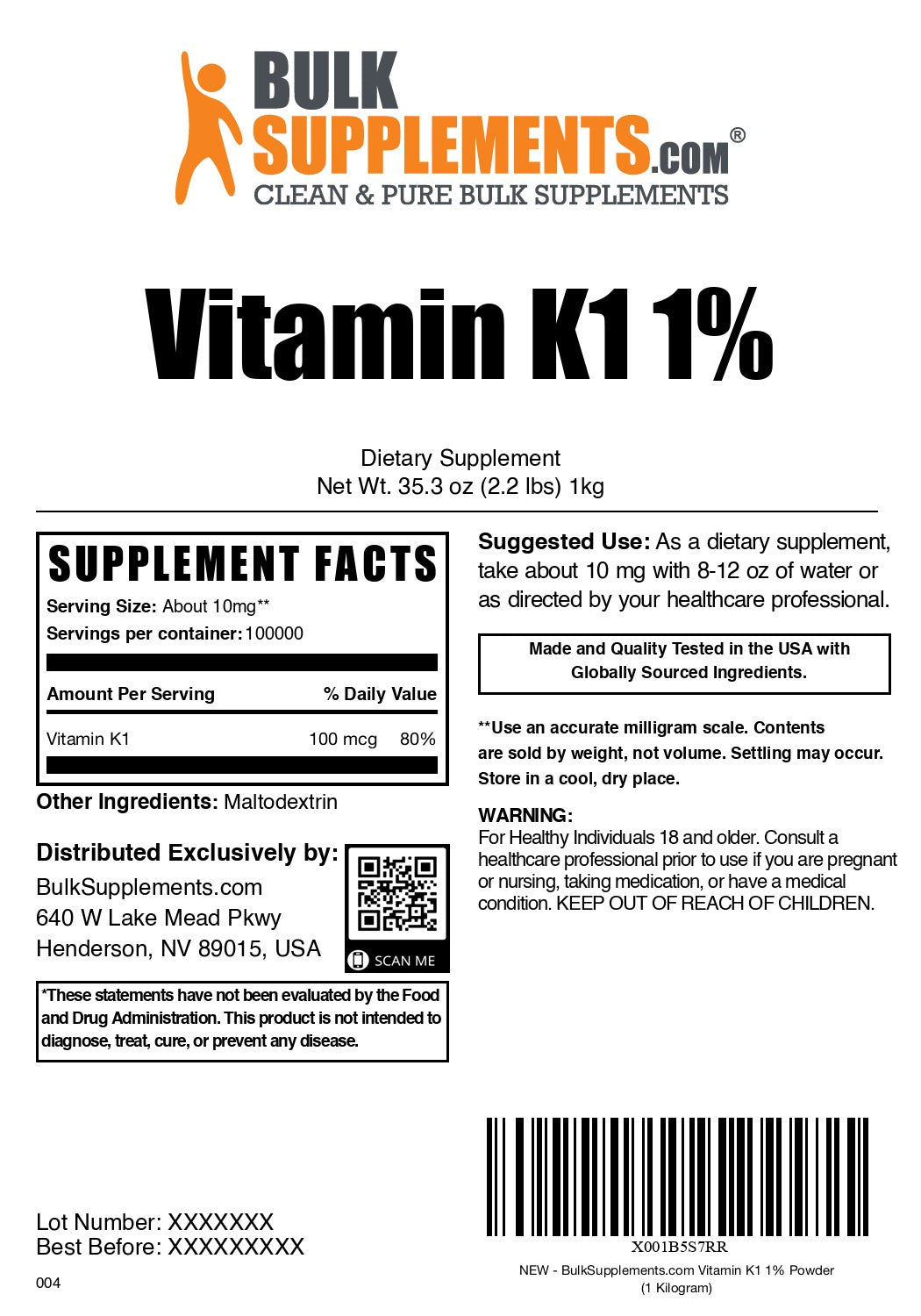 Vitamin K1 1% powder label 1kg
