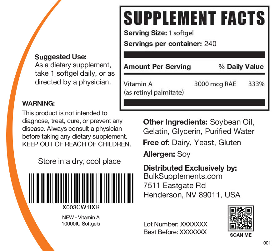 Vitamin A 10000IU 240 softgels label