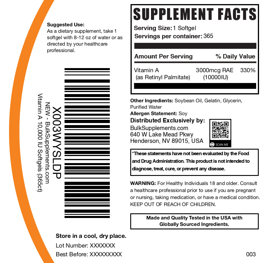 Vitamin A 10000IU 365 softgels label