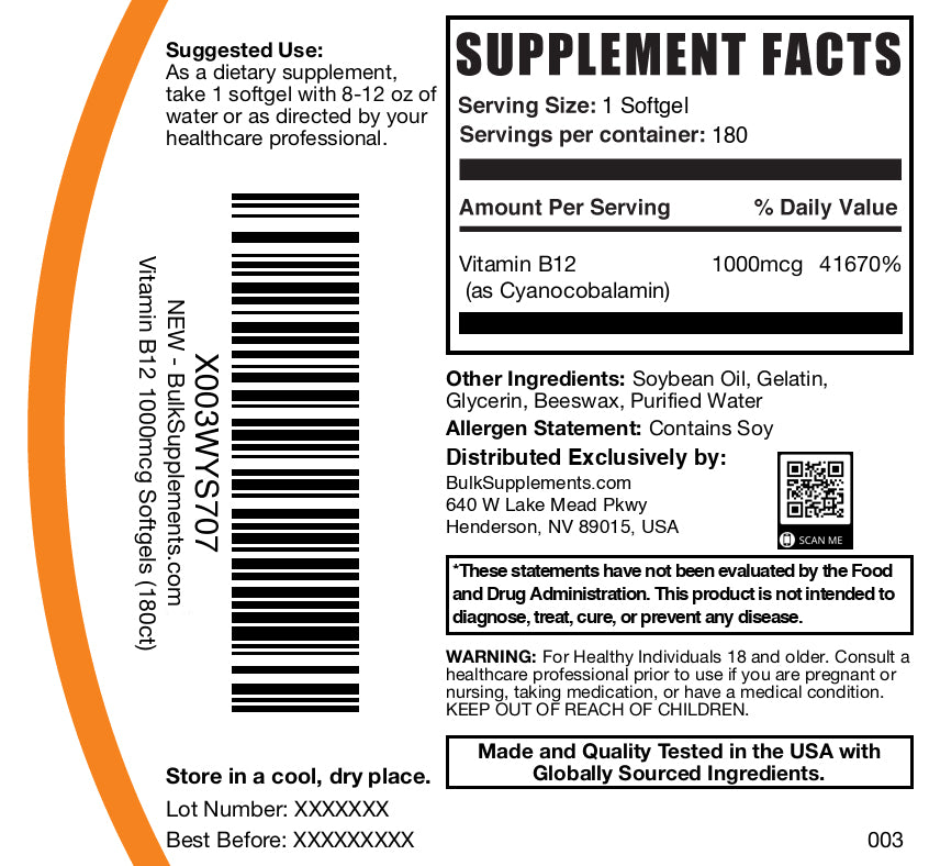 Vitamin B12 1000mcg 180 softgels label