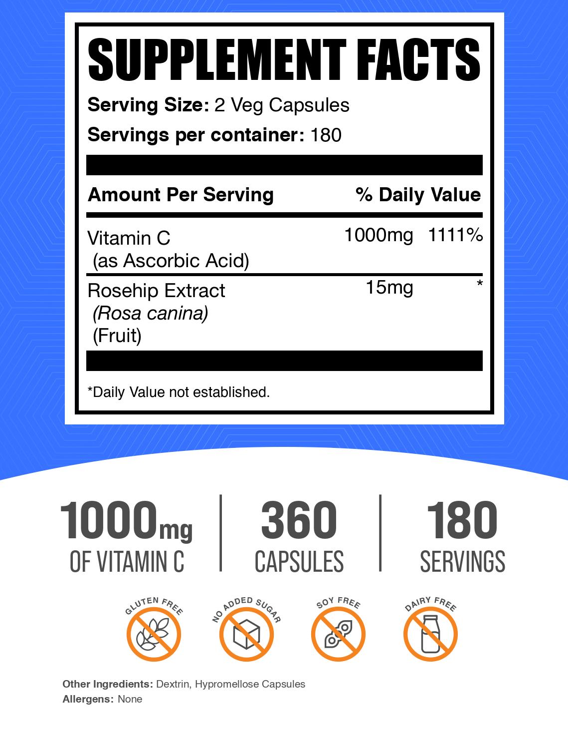 Vitamin C with rose hips 360 capsules label