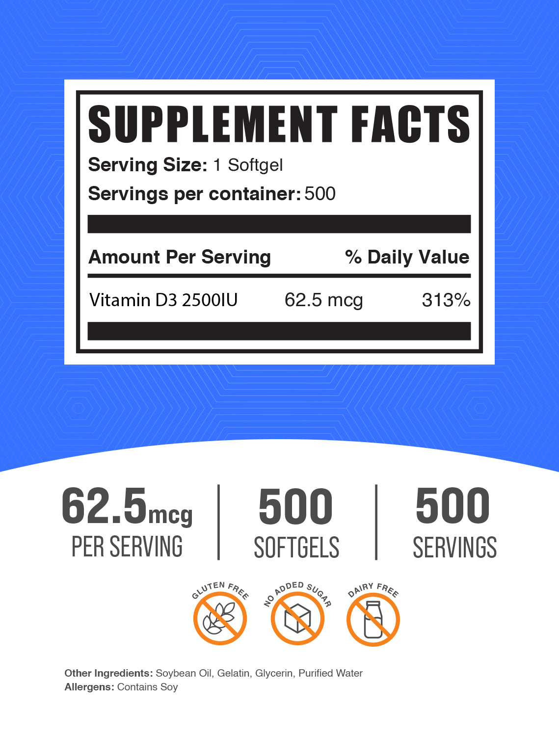 Vitamin D3 softgels 2500IU 500 ct label
