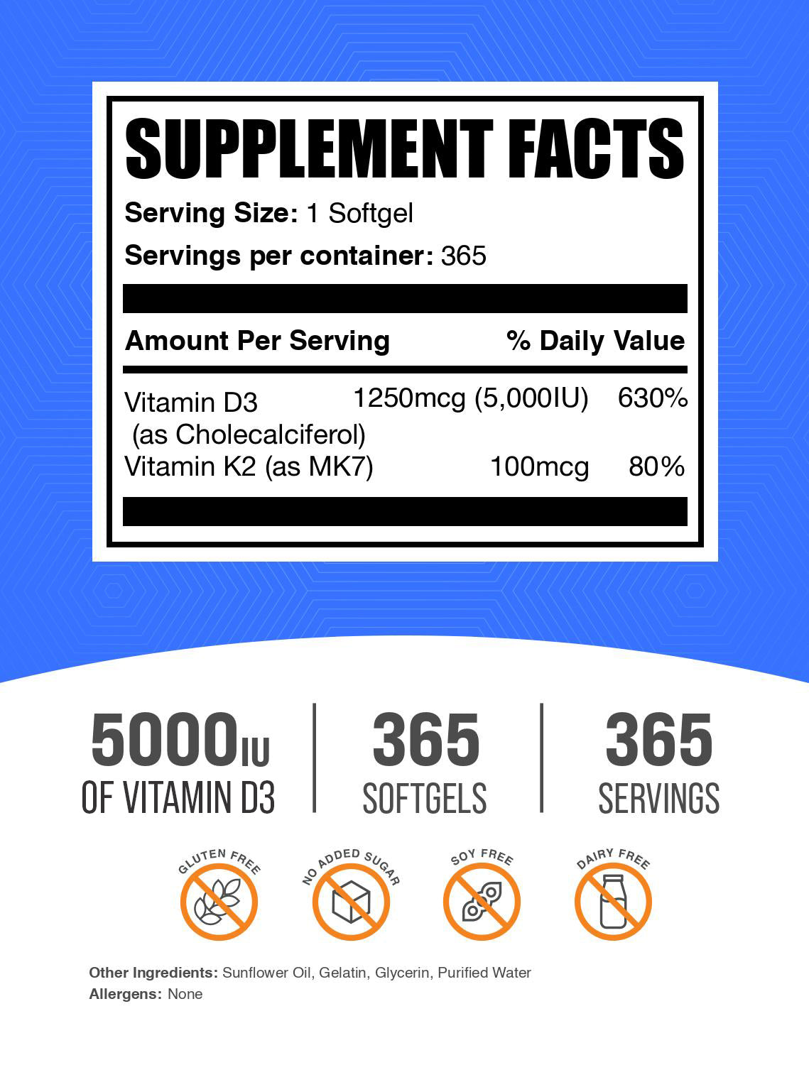 Vitamin D3 + K2 5000 IU 365 softgels label