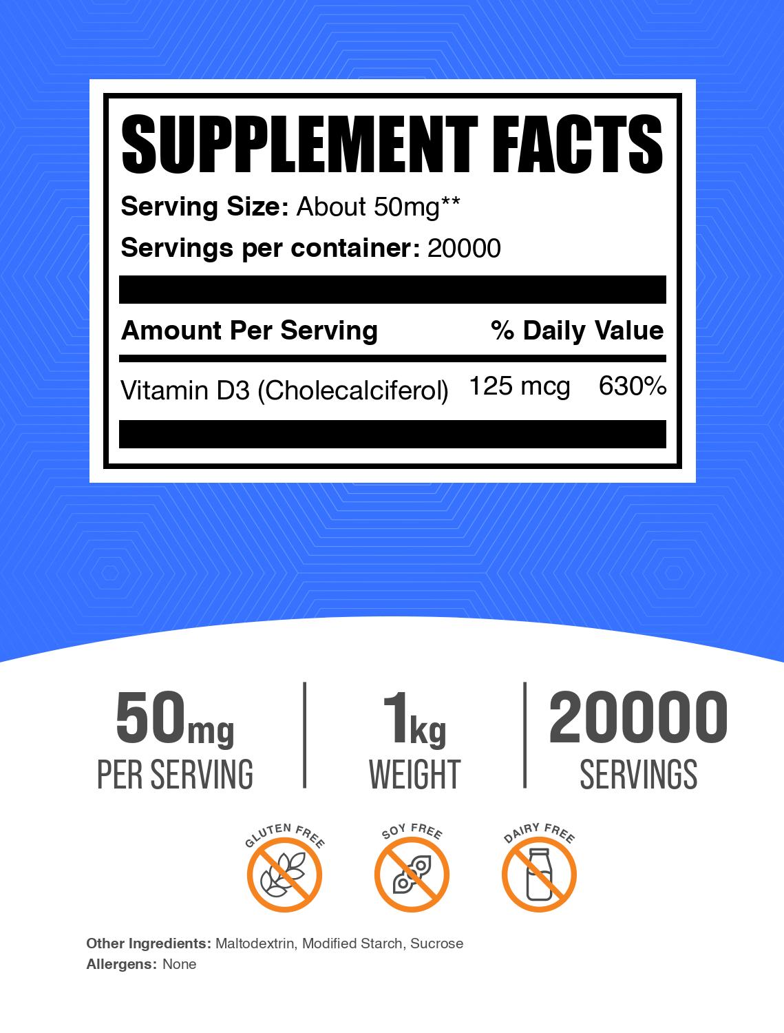 Vitamin D3 (Cholecalciferol) powder label 1kg