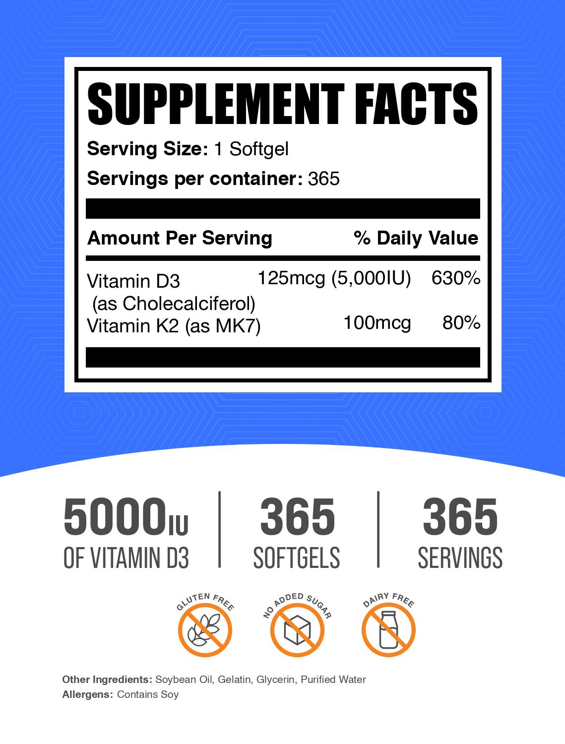 Vitamin D3 + K2 5000 IU 365 softgels label