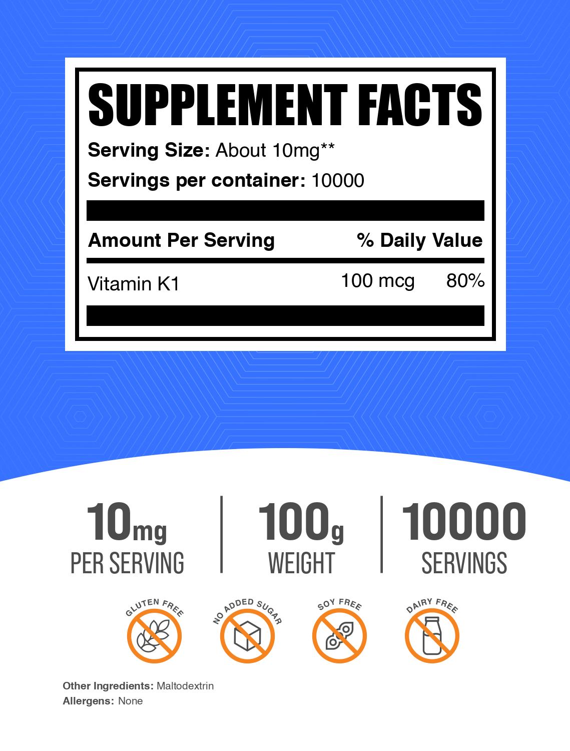 Vitamin K1 1% powder label 100g