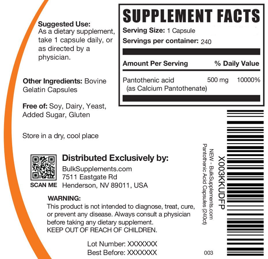 Vitamin B5 Capsules 240ct Label