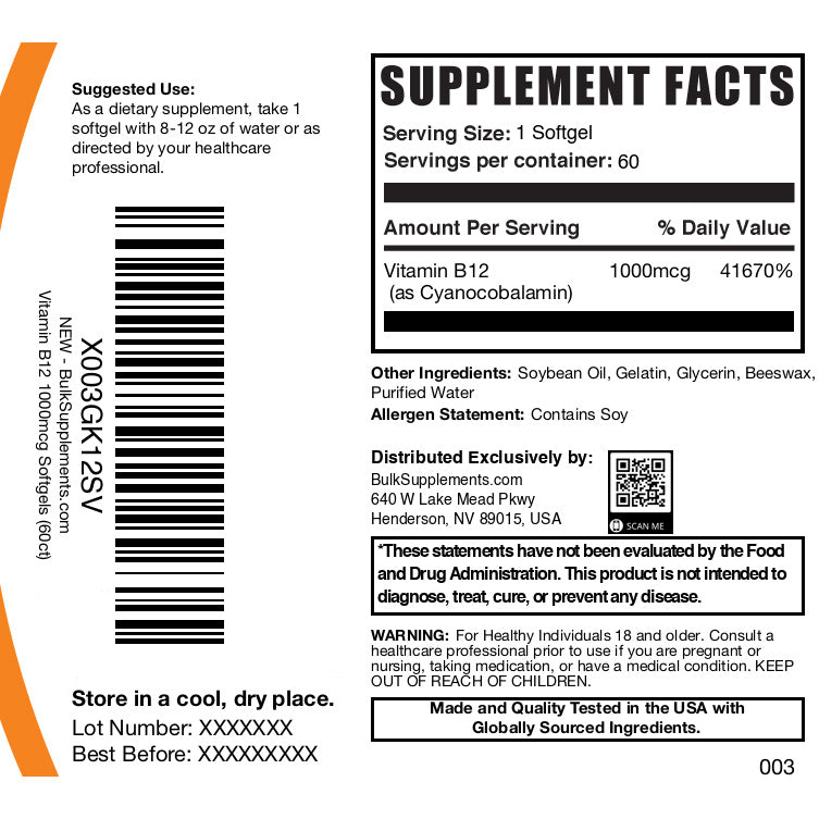 Vitamin B12 1000mcg 60 softgels label