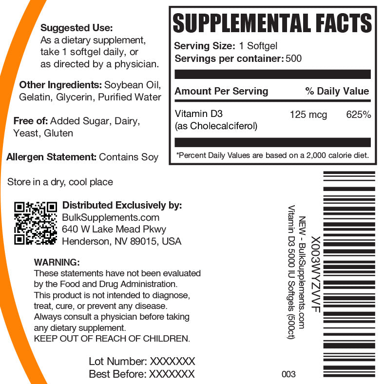 Vitamin D3 5000IU 500 softgels label