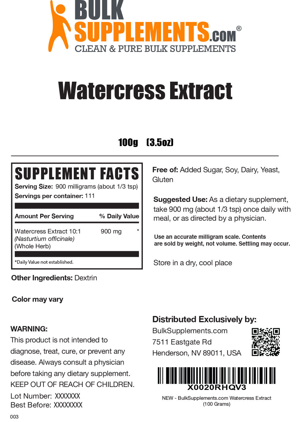 Supplement Facts Watercress Extract