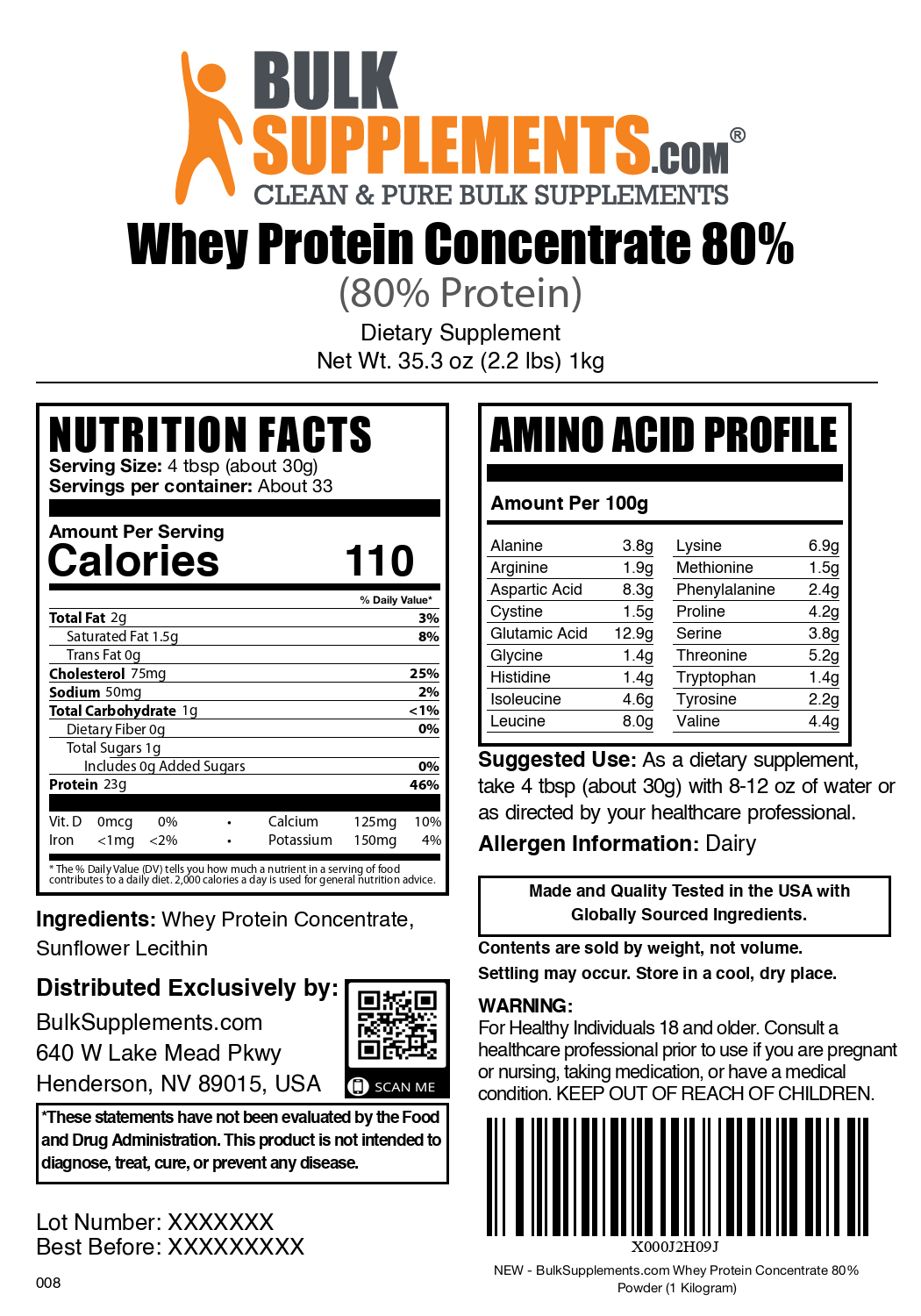 Whey Protein Concentrate 80% powder label 1kg