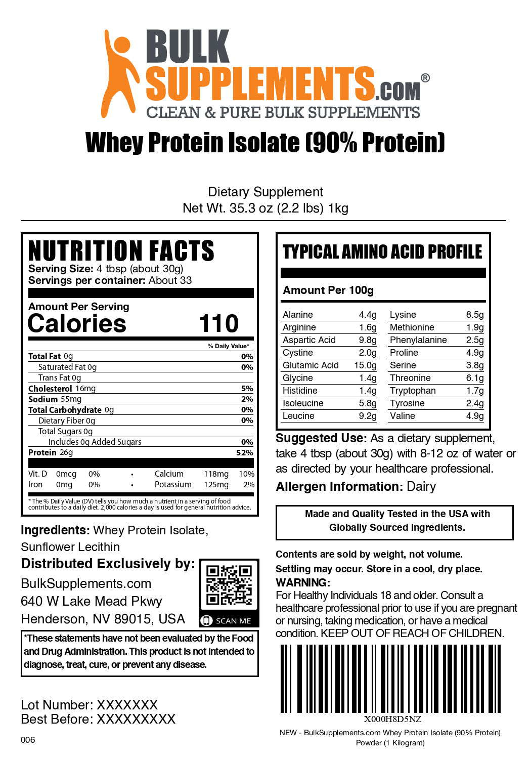 Whey protein isolate powder label 1kg