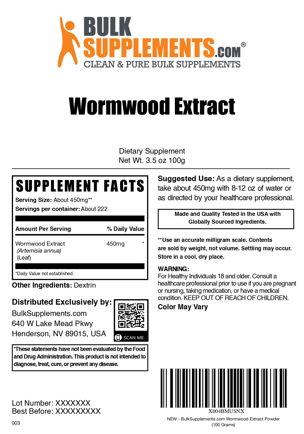 Wormwood extract powder label 100g