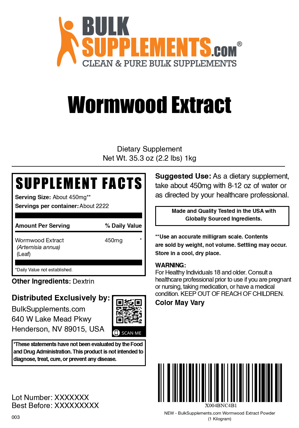 Wormwood extract powder label 1kg