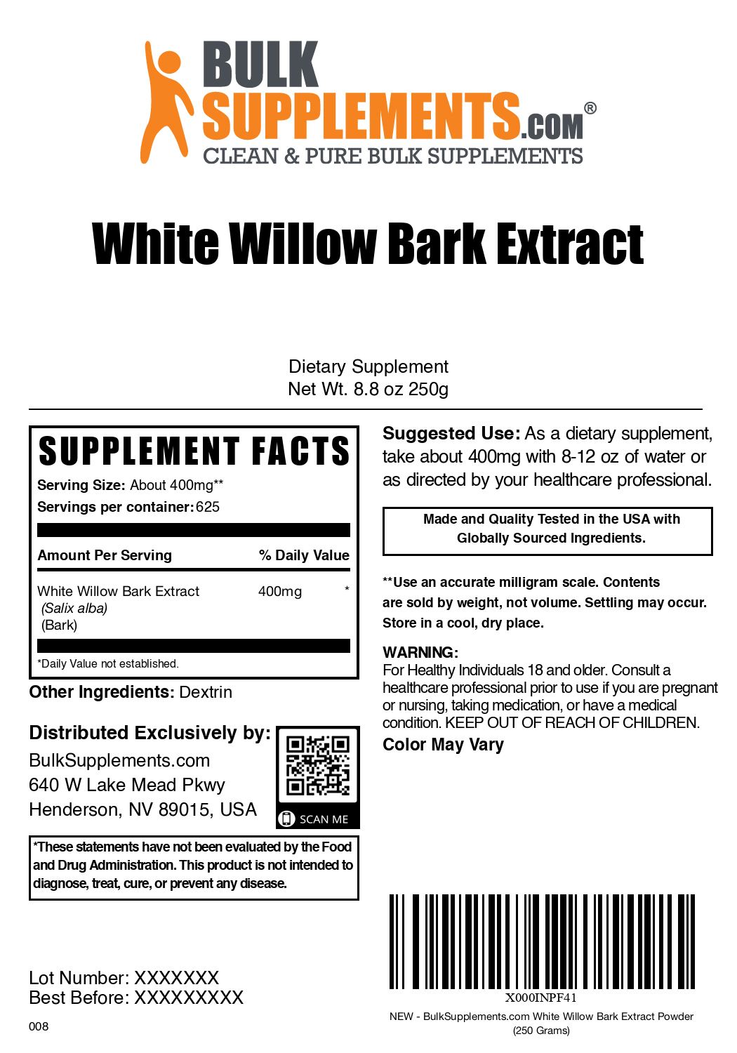 White willow bark extract powder label 250g