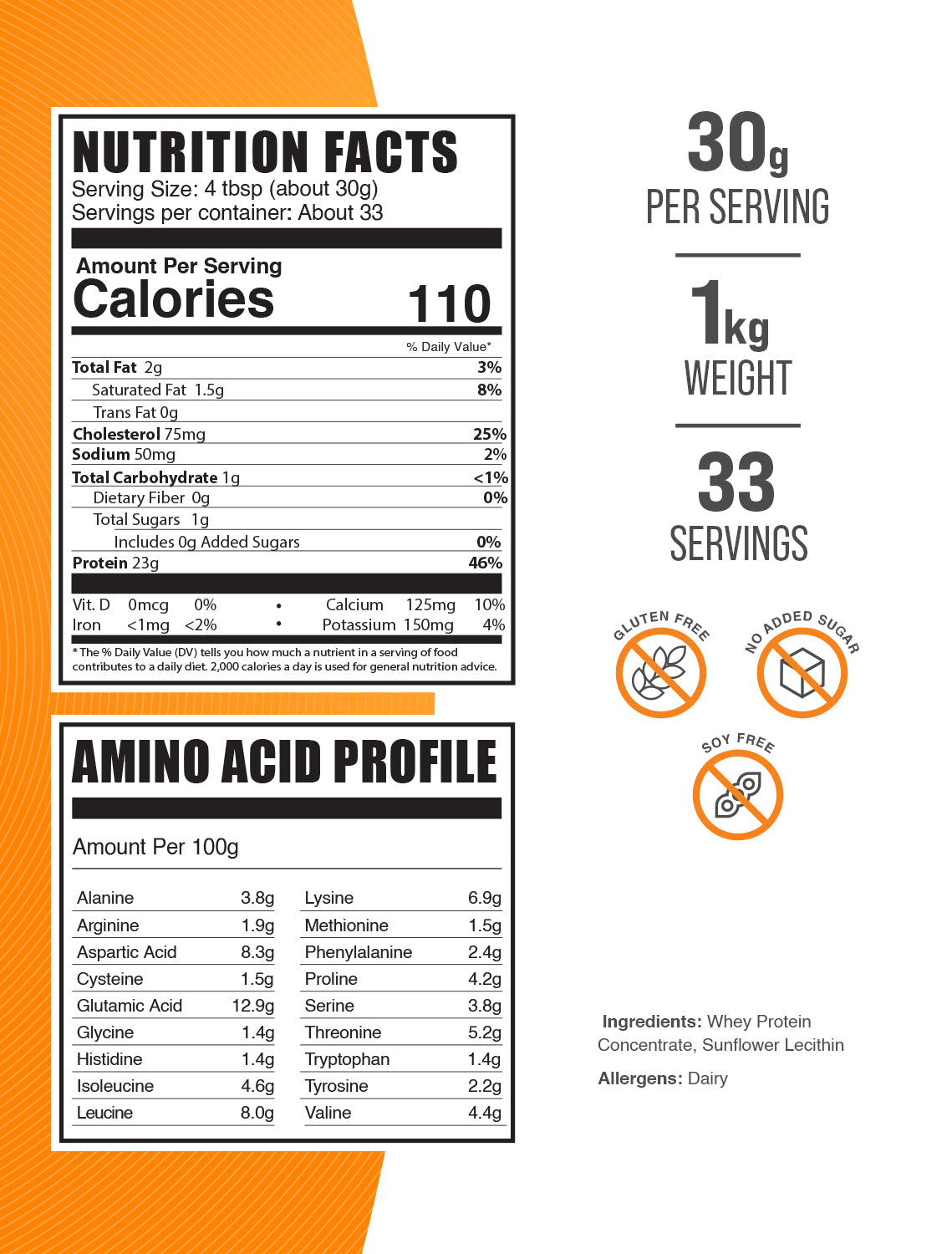 Whey Protein Concentrate 80% powder label 1kg