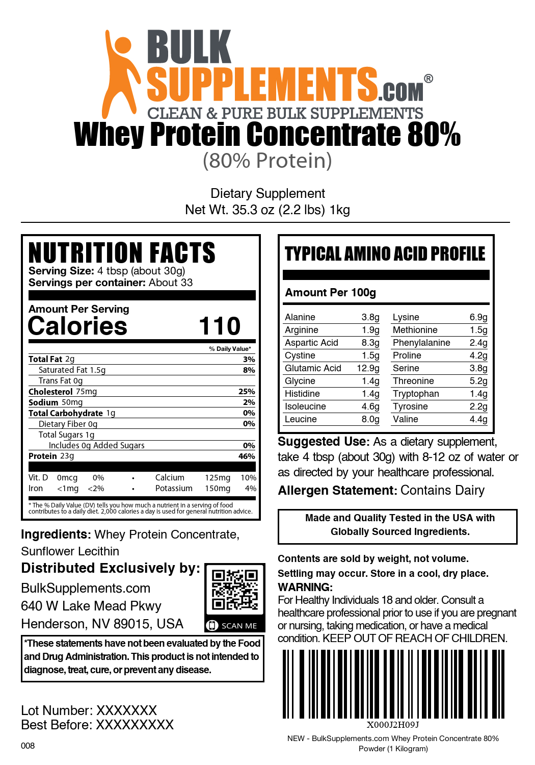 Whey Protein Concentrate 80 Protein Powder 1kg Bag Label