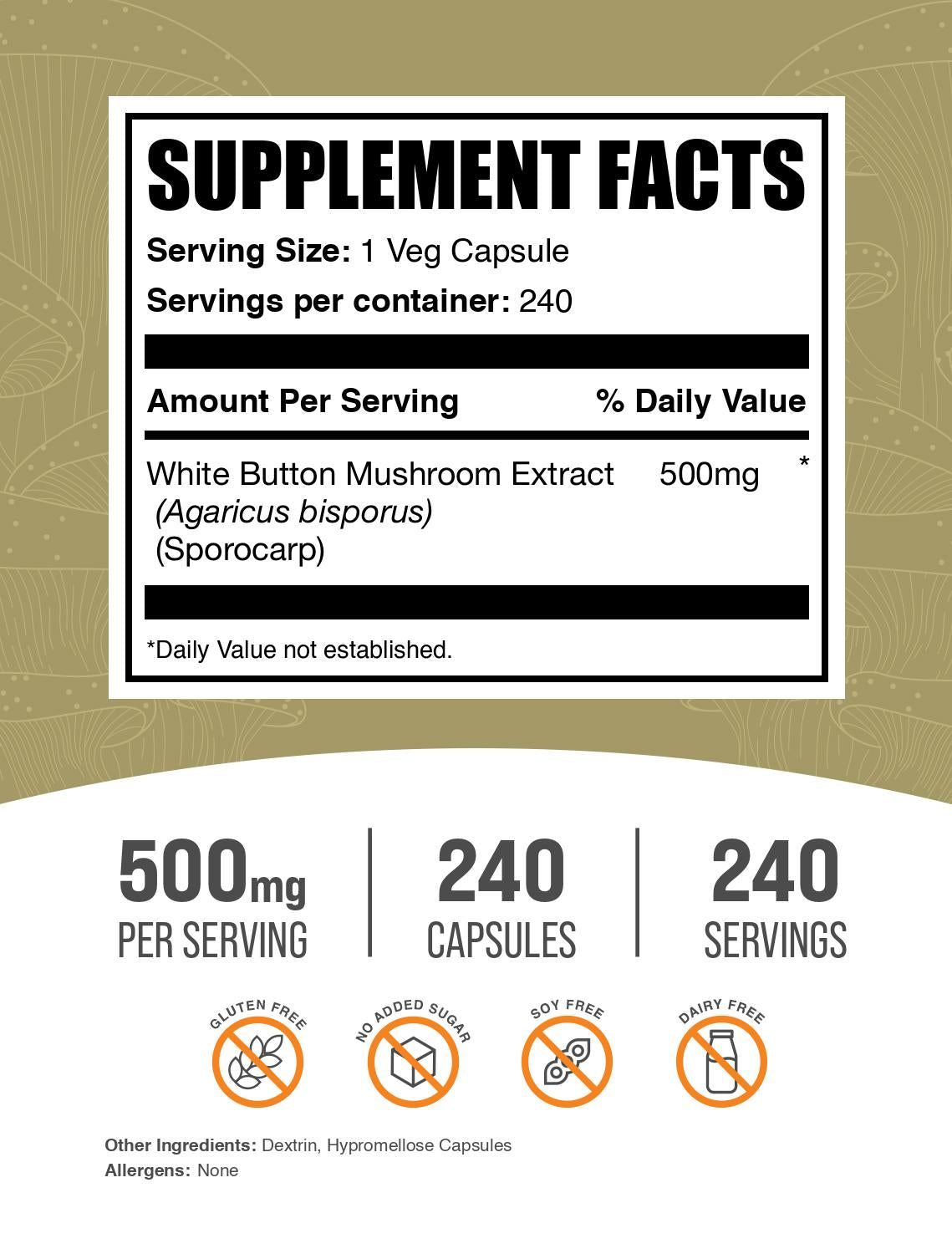 White Button Mushroom Extract 240 capsules label