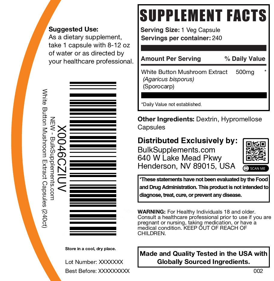 White Button Mushroom Extract 240 capsules label
