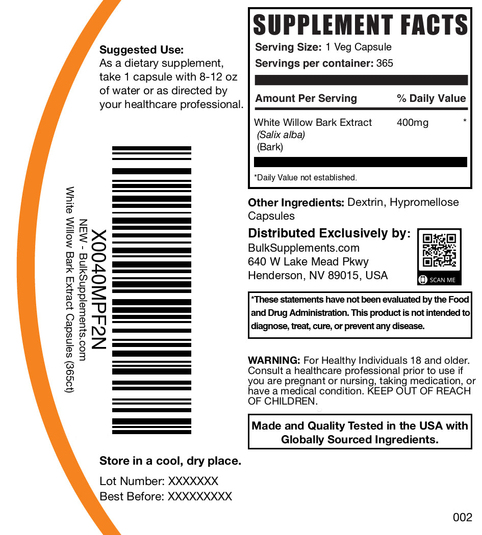 White willow bark 365 capsules label