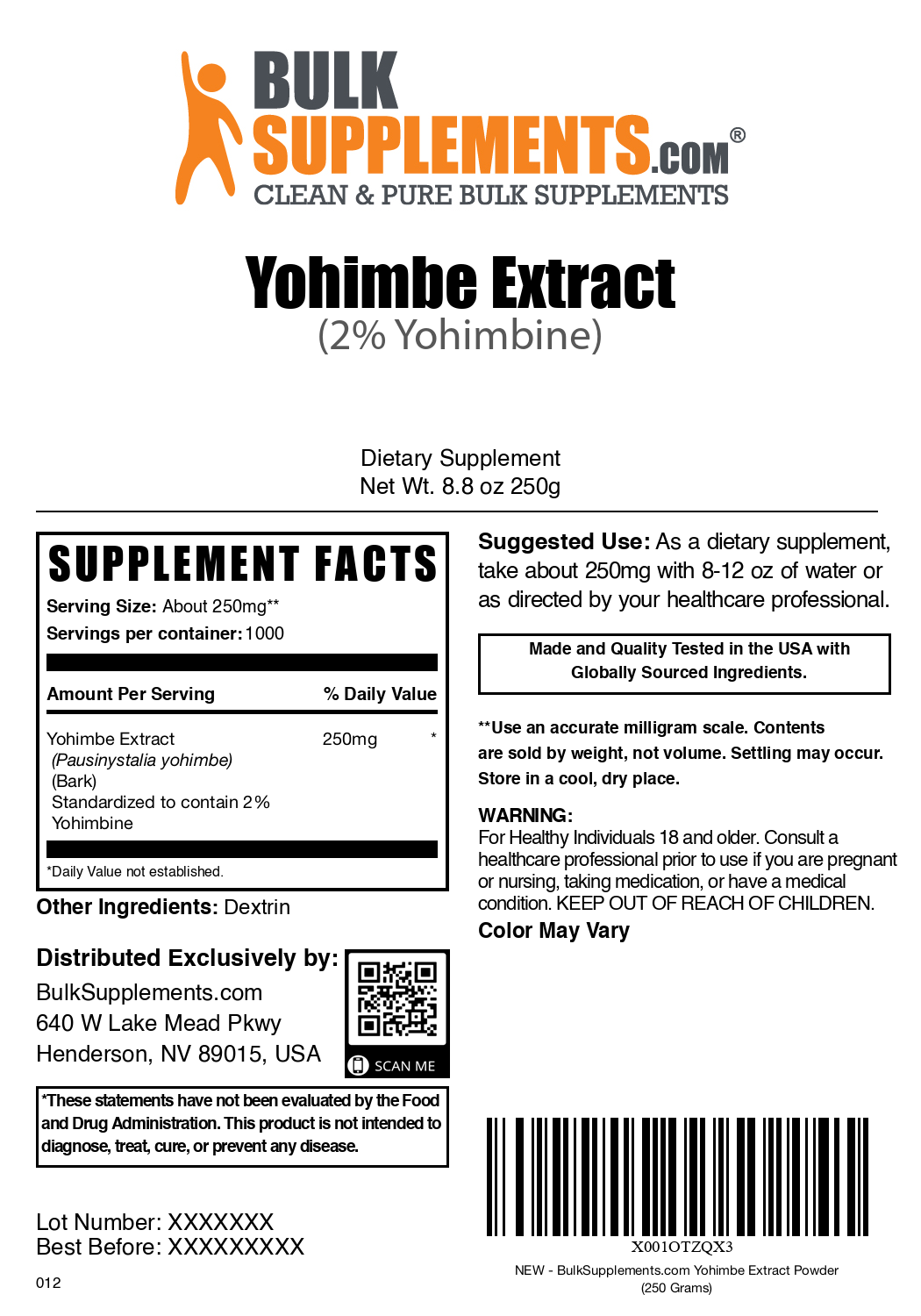 Yohimbe extract powder label 250g