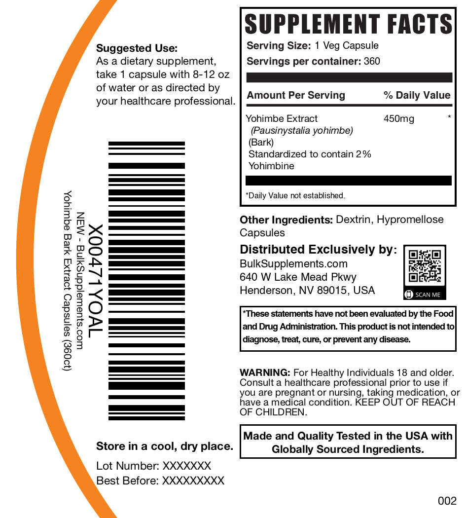 Yohimbe extract 360 capsules label