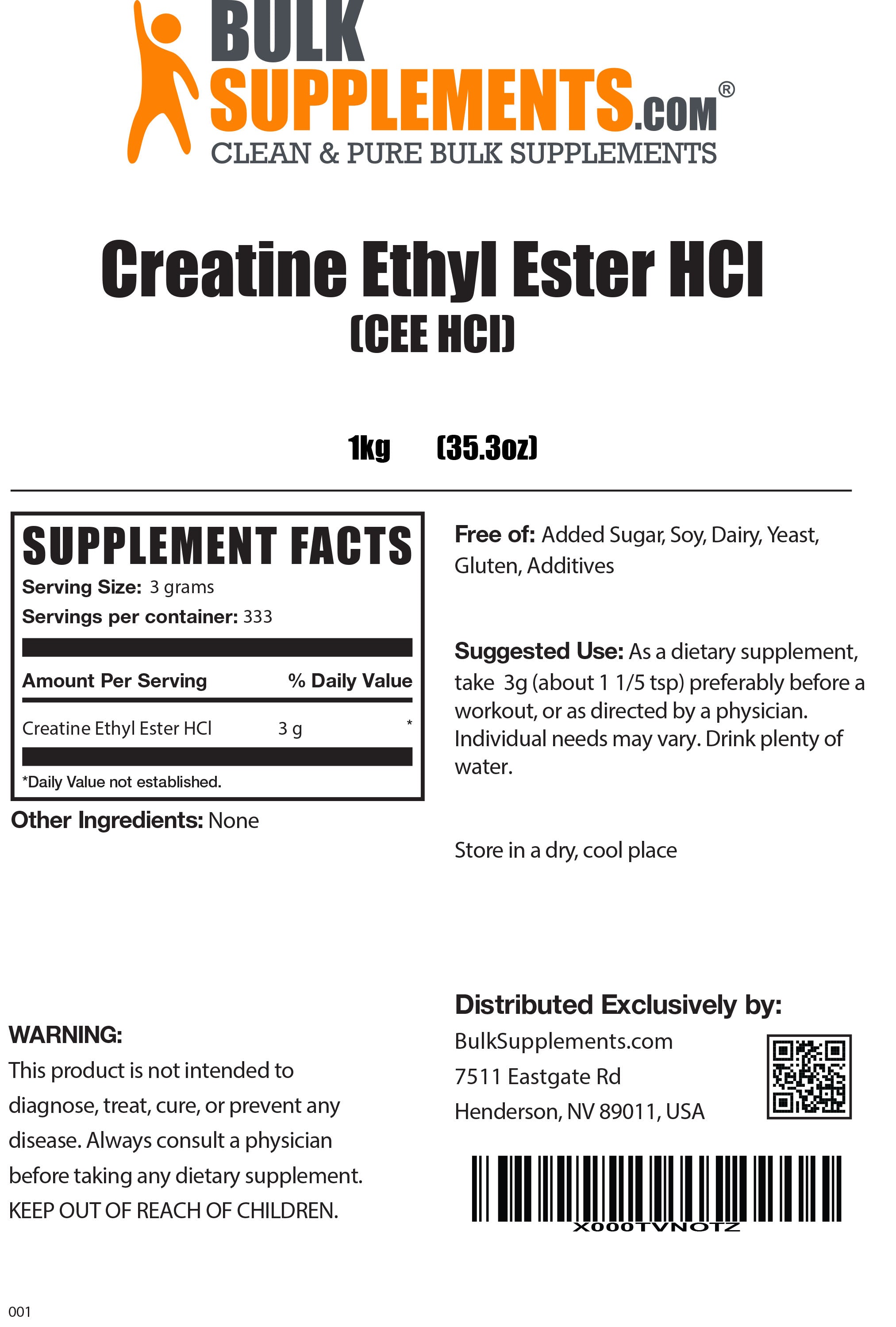 Supplement Facts Creatine Ethyl Ester HCl (CEE HCl) Powder