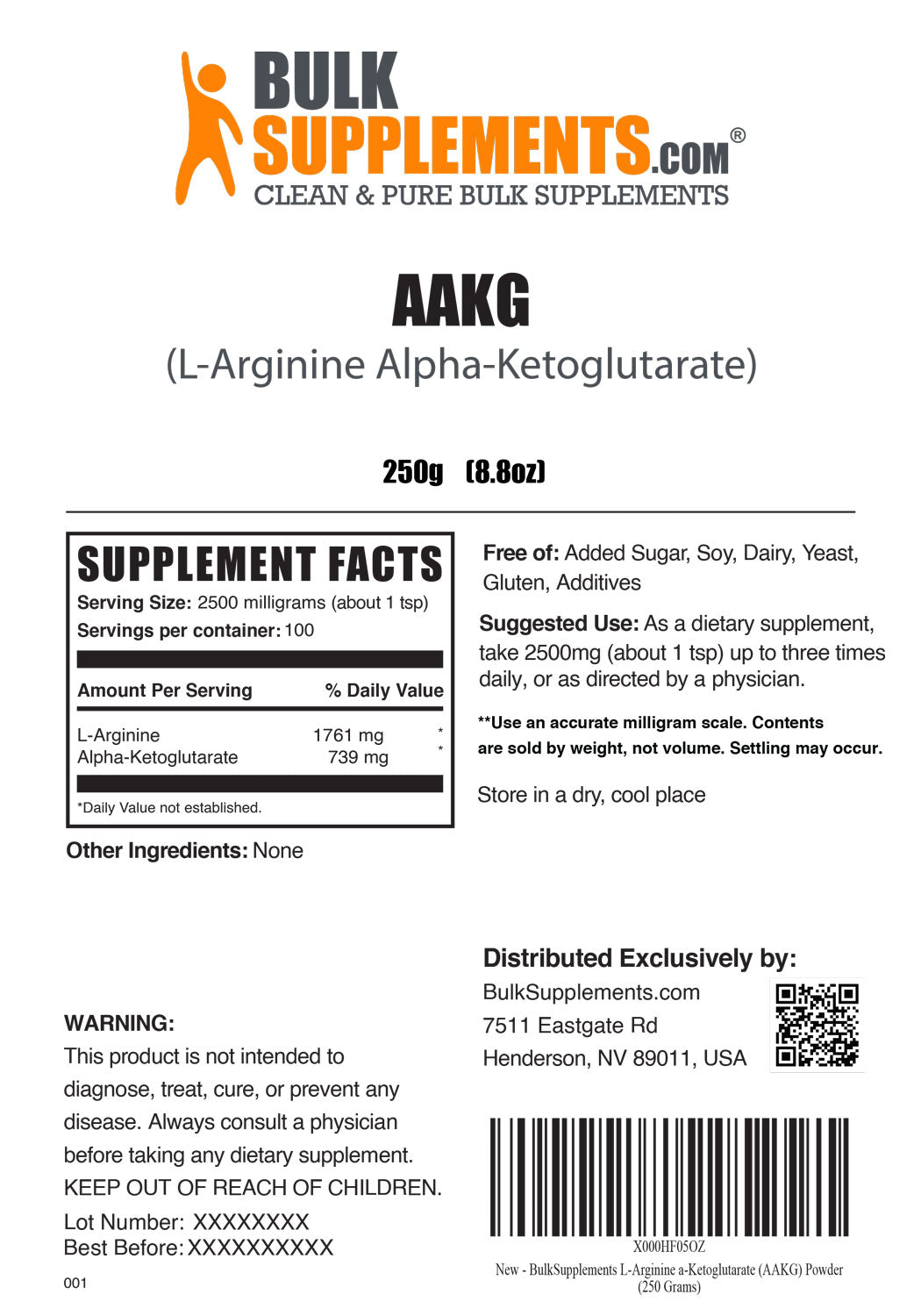 AAKG Arginine Supplement Facts, 250g Bag