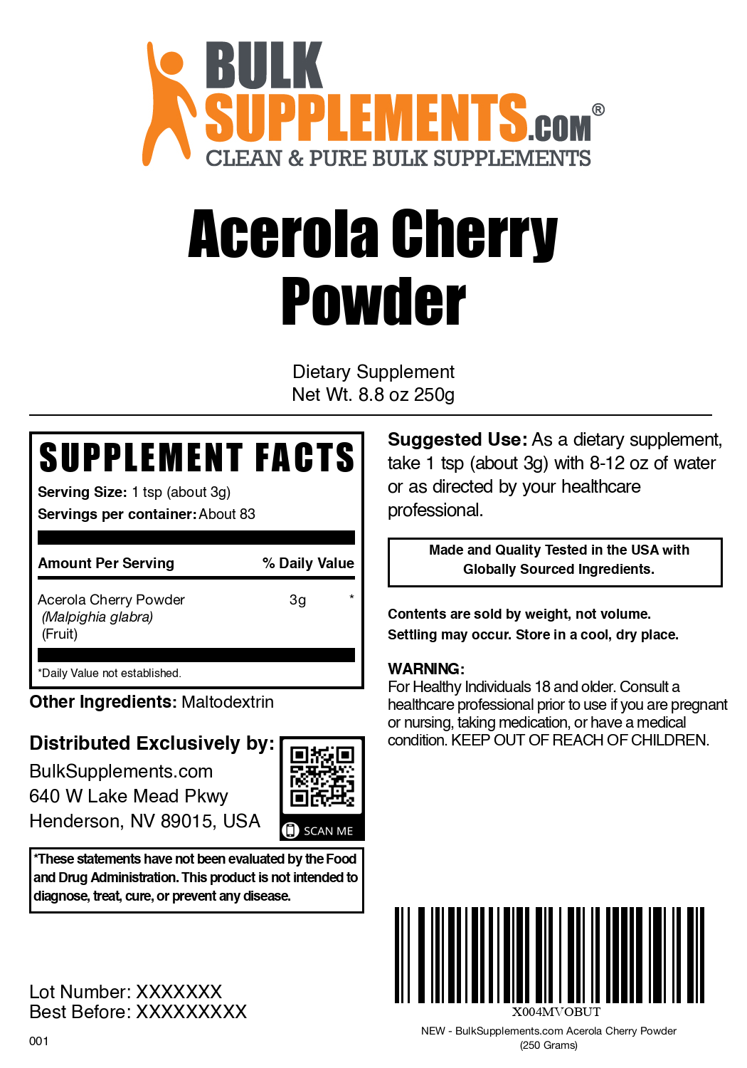 Acerola cherry powder label 250g