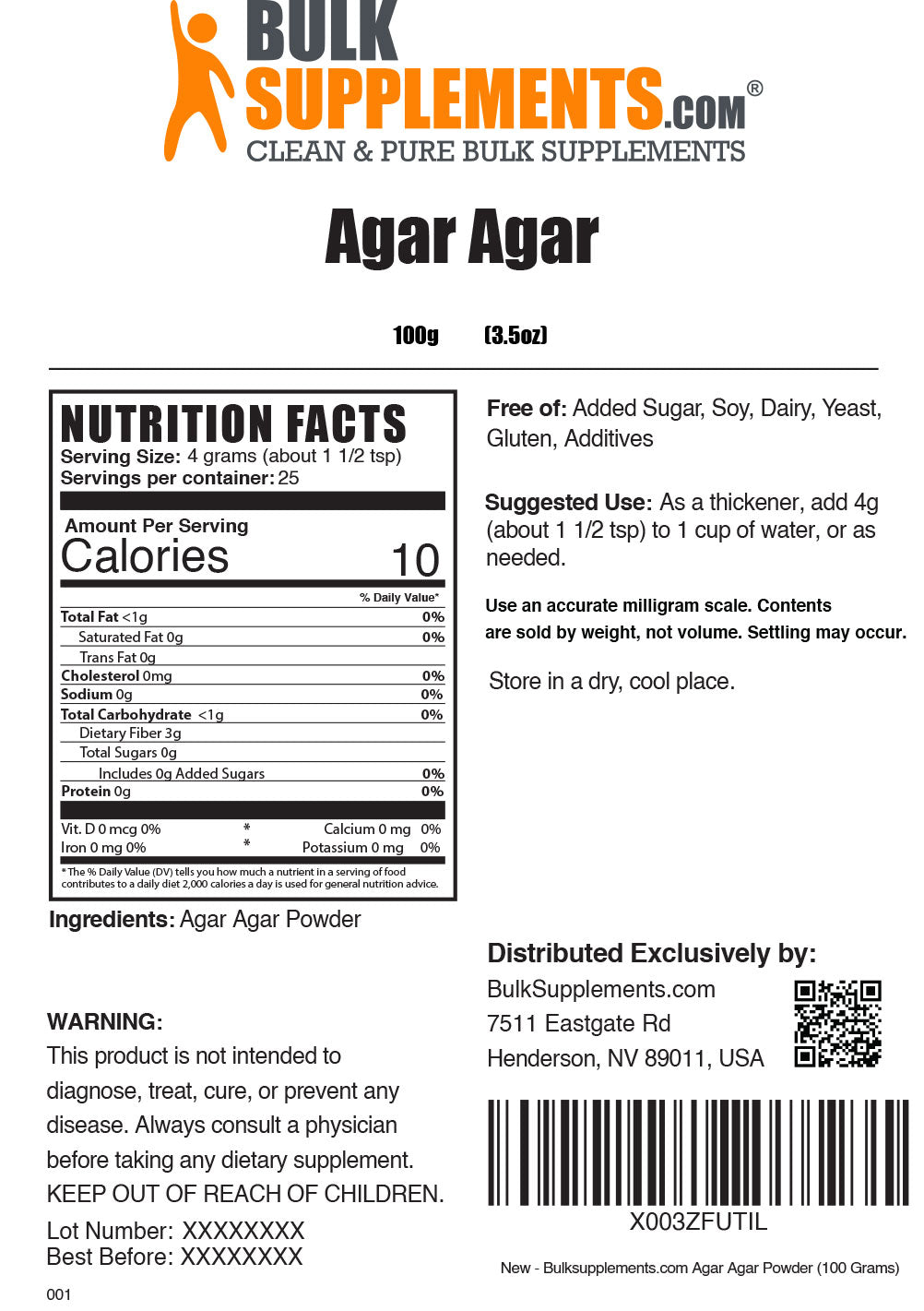Supplement Facts Agar Agar Powder