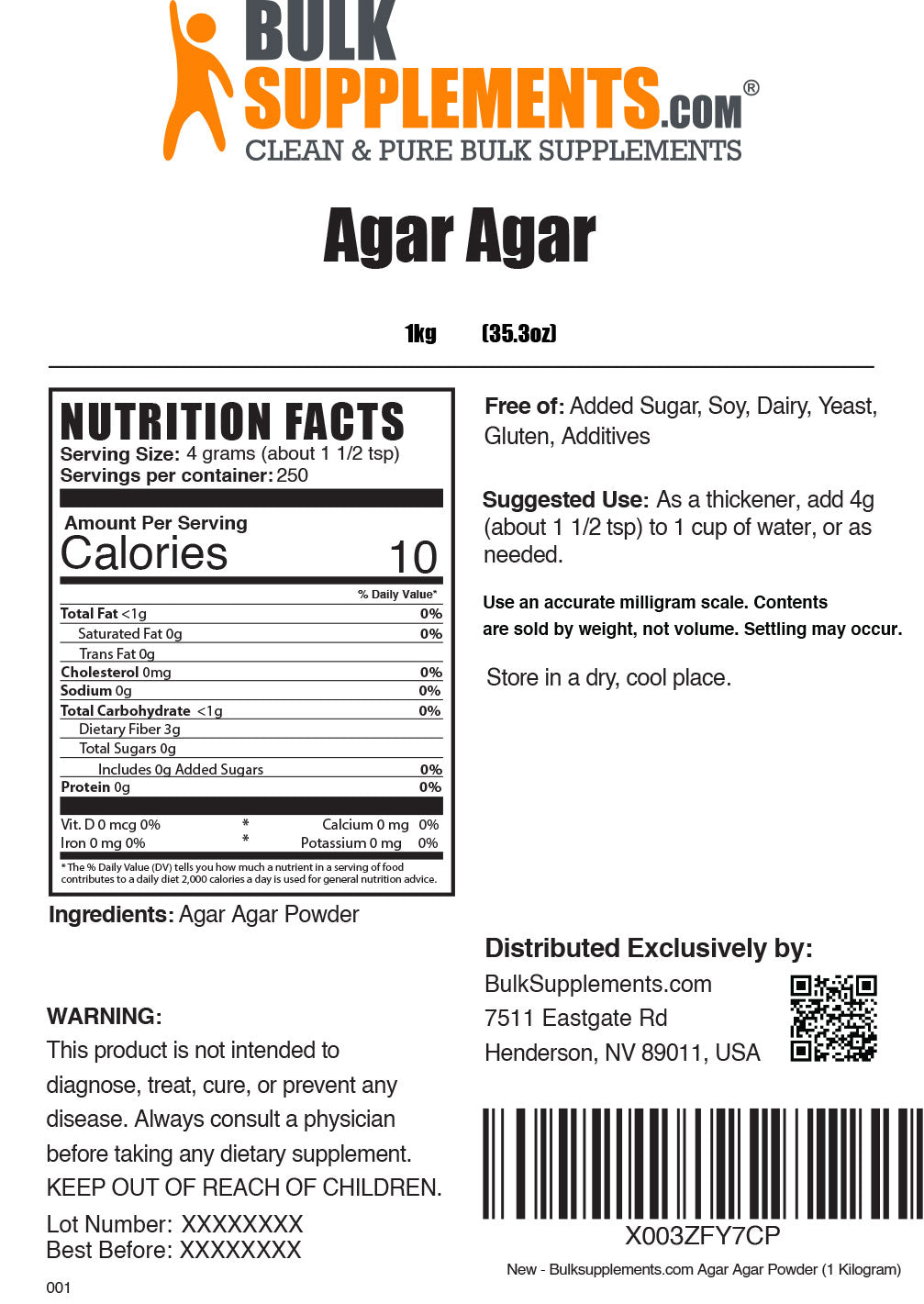 Supplement Facts Agar Agar Powder