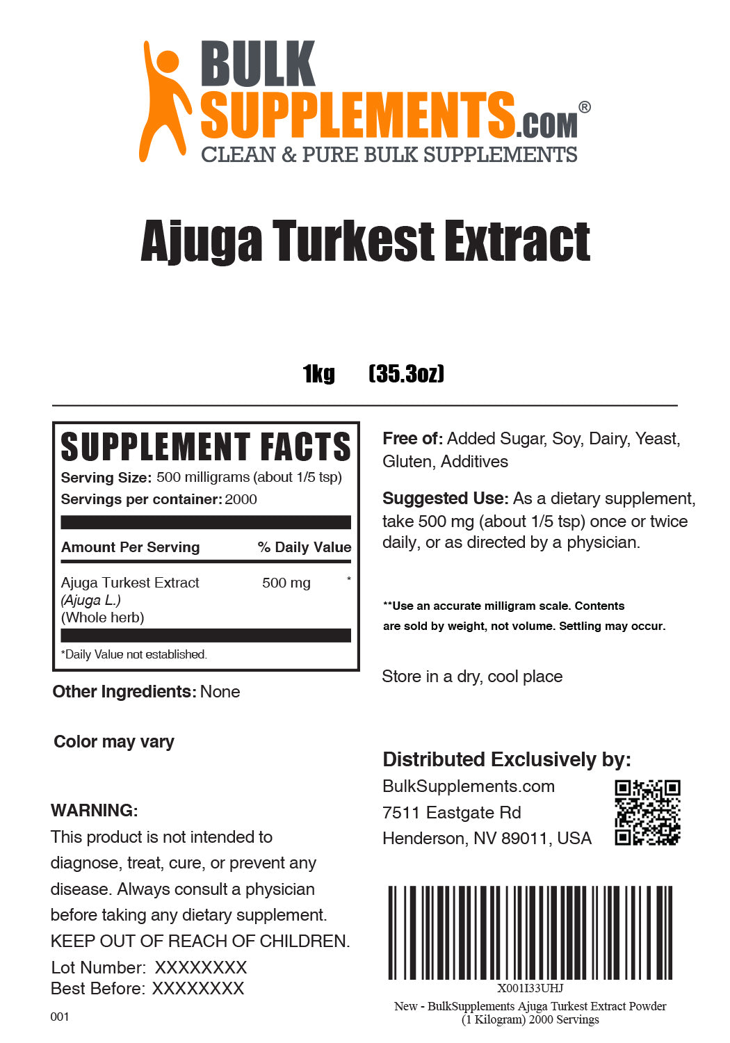 Ajuga Turkest Extract Supplement Facts, 1kg bag