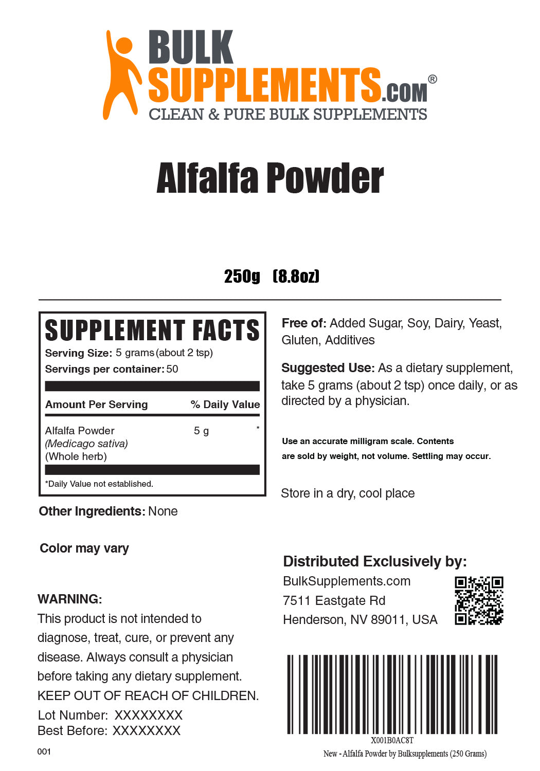 Alfalfa Powder Supplement Facts, 250g