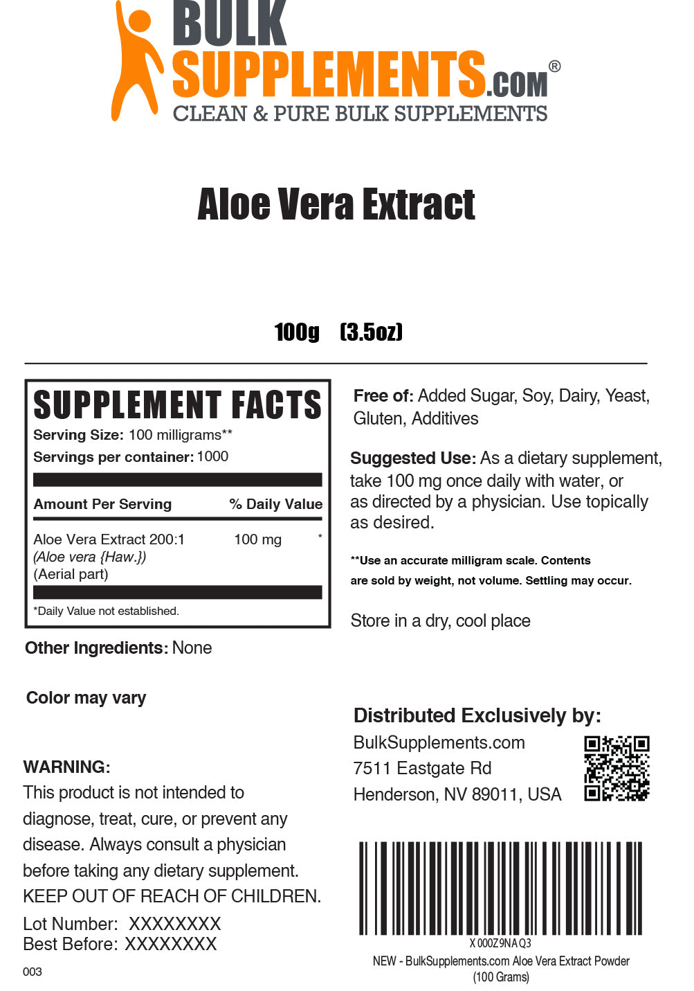 Supplement Facts Aloe Vera Extract