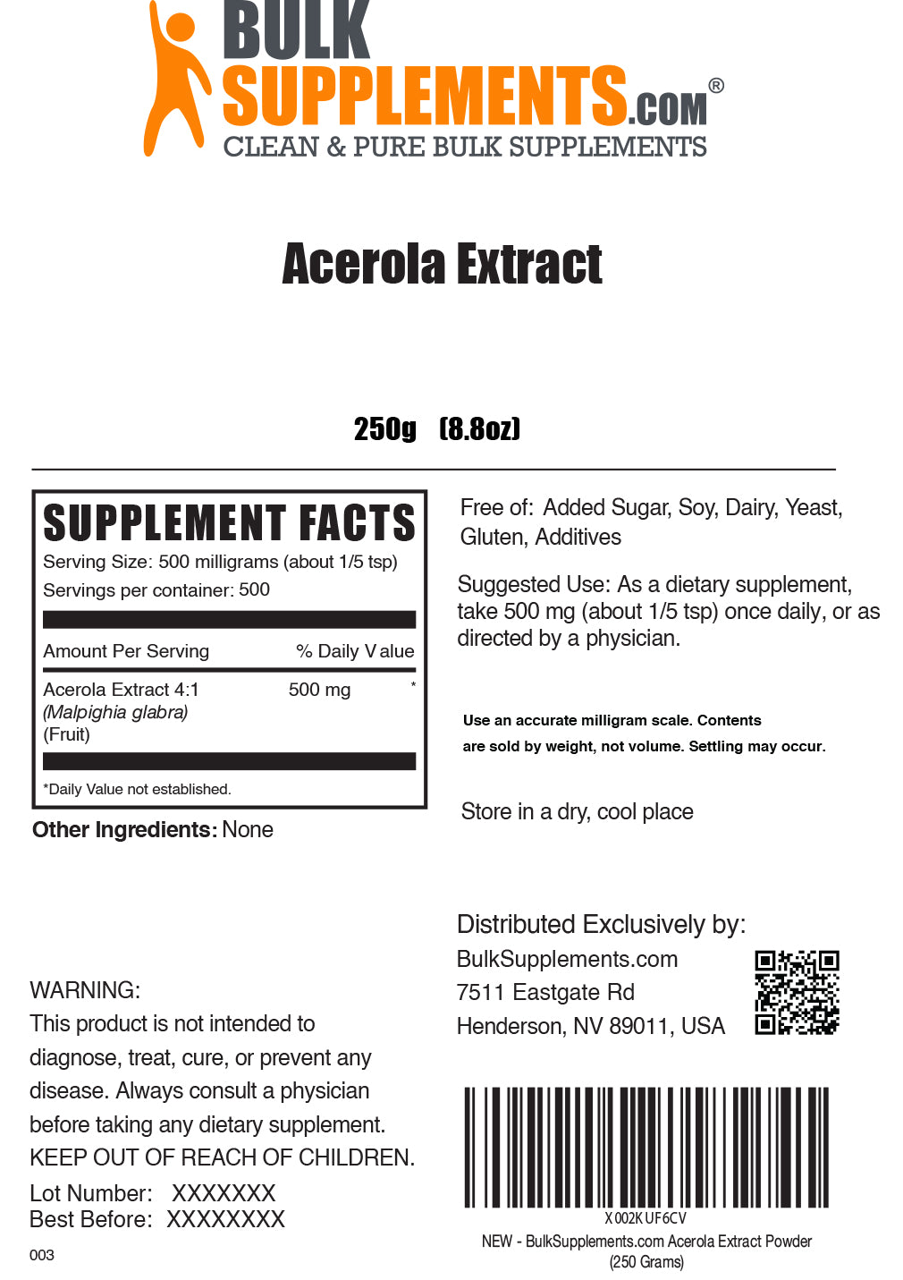 Acerola Cherry Extract Powder 250g Label