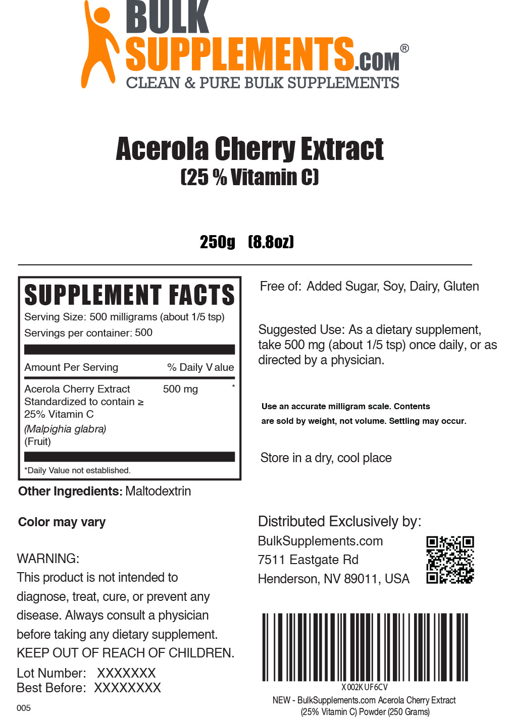 Acerola Cherry Extract powder label 250g