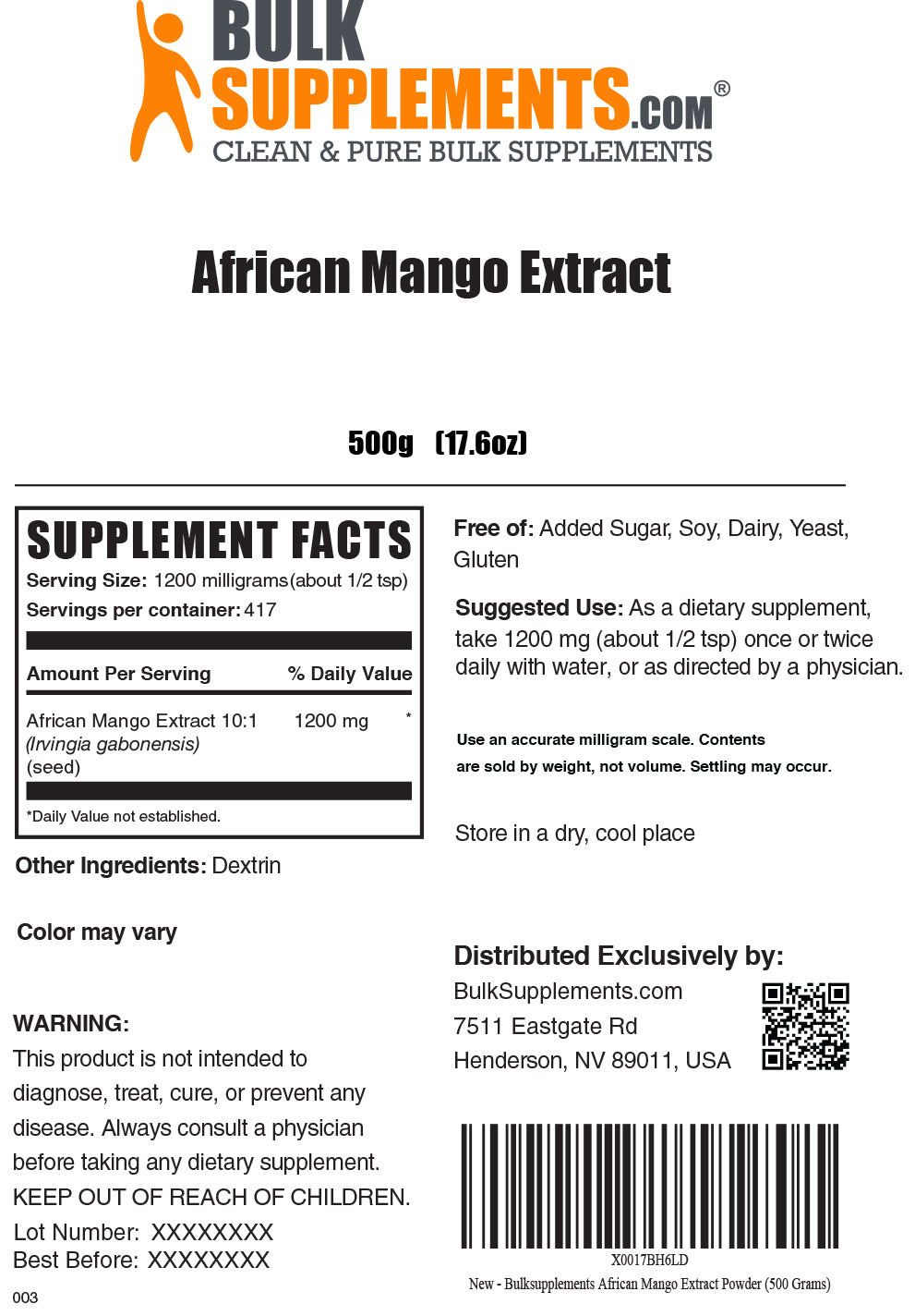 Supplement Facts African Mango Extract Powder