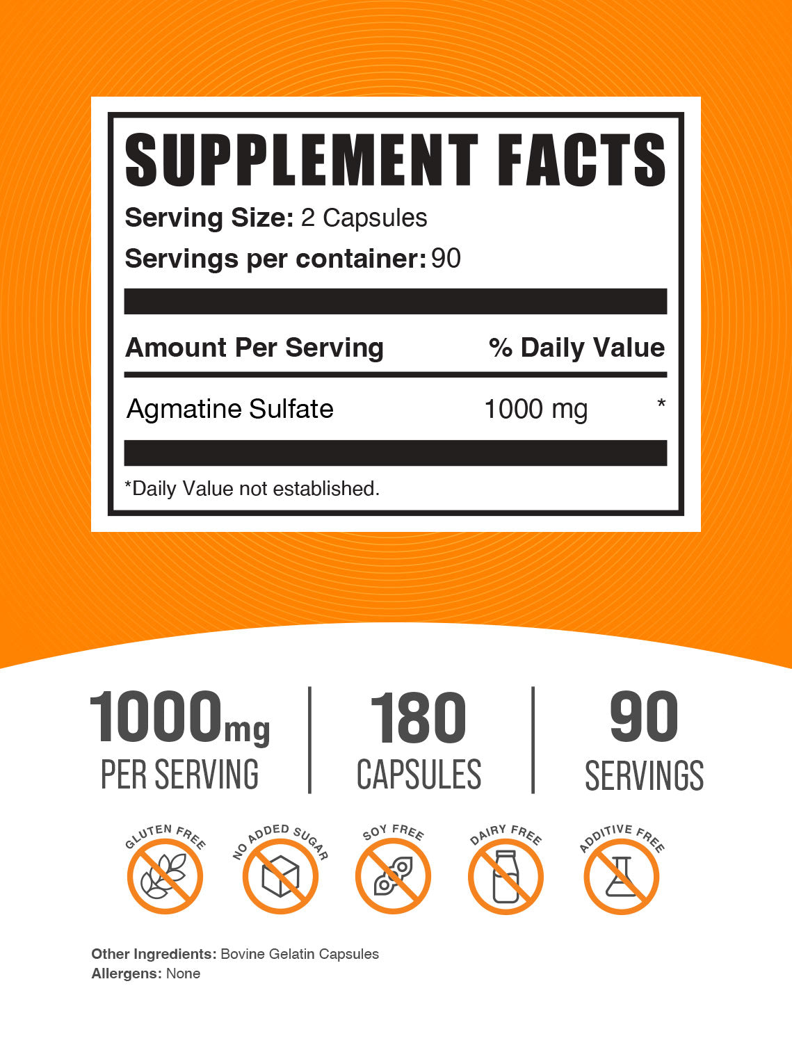 BulkSupplements Agmatine Sulfate Capsules 1000mg 180ct Supplement Facts