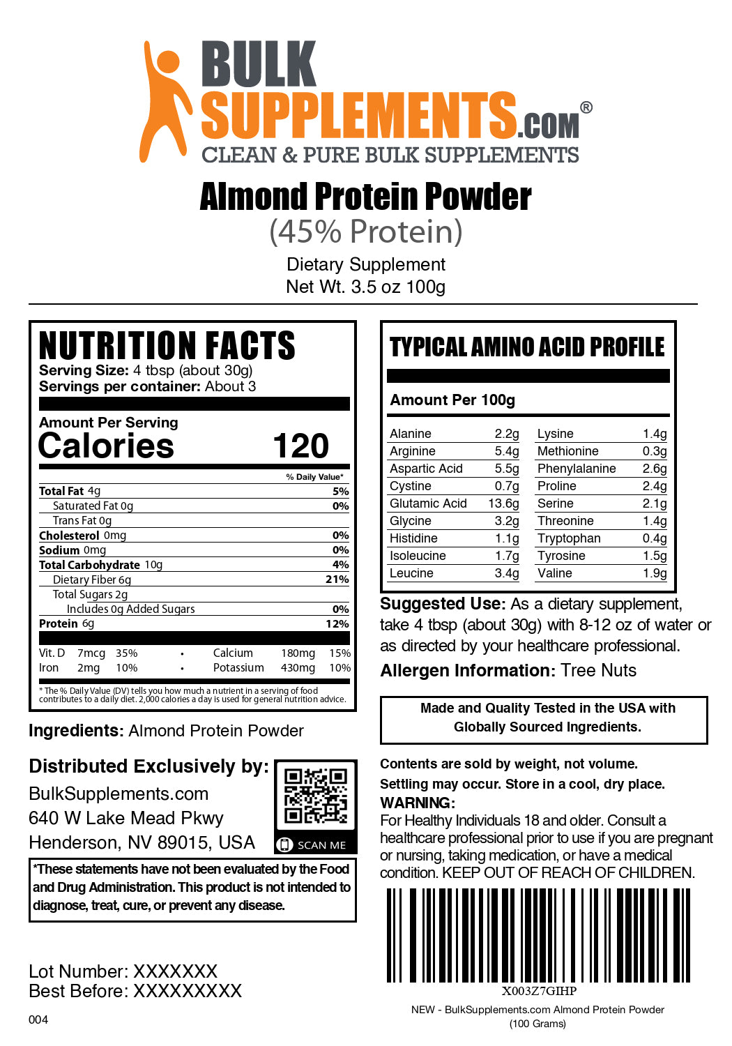 Almond protein powder label 100g