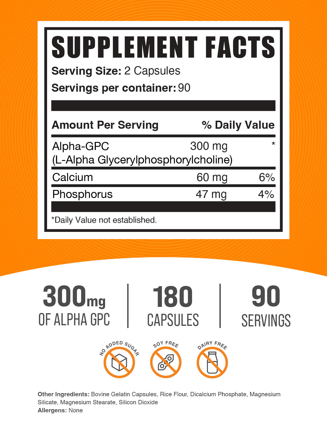 BulkSupplements Alpha GPC Capsules 300mg 180ct Supplement Facts