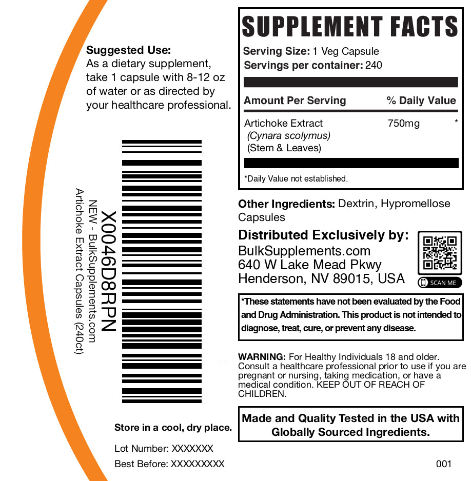 Artichoke extract 240 capsules label